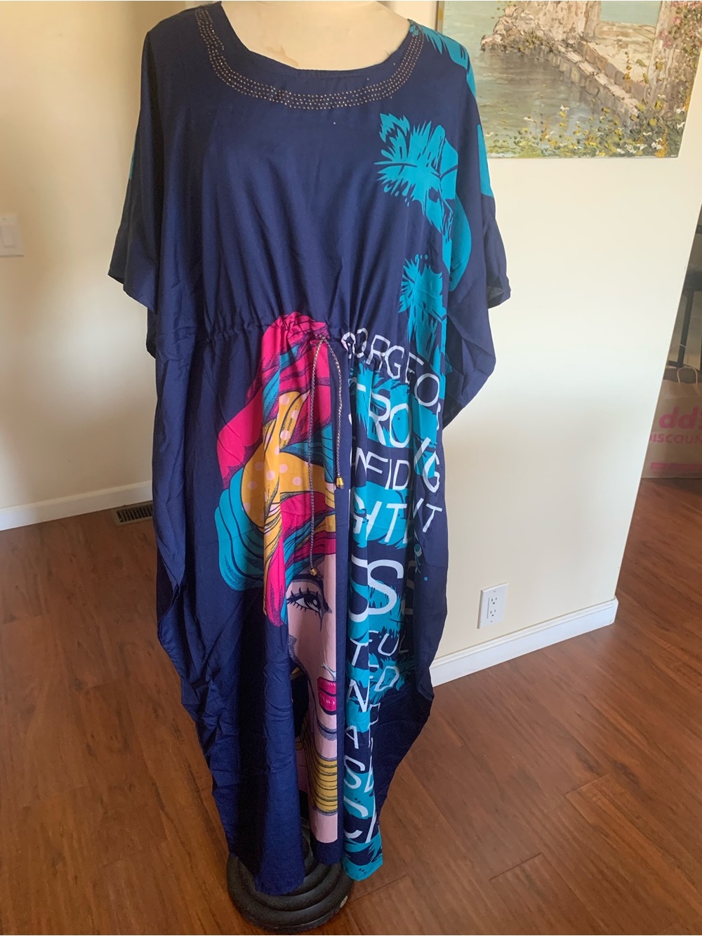 Mystique Boutique Navy Kaftan with Turquoise and Hot Pink , new with tag